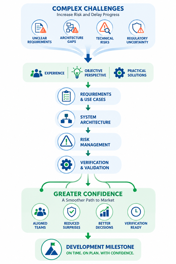 Home Systems engineering process showing how RSE turns medical device development challenges into greater confidence and development milestones